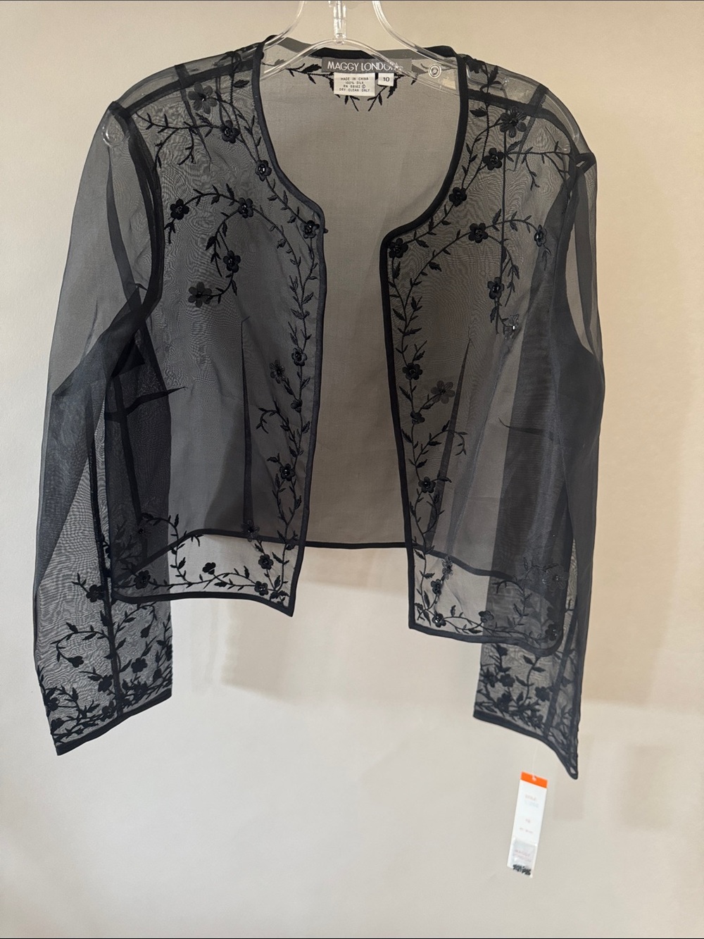 Maggy London Black Sheer Embroidered Cropped Jacket